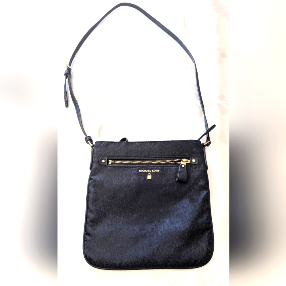 Michael Kors Kelsey MK Signature Admiral Blue Nylon & Leather Crossbody Bag EUC
